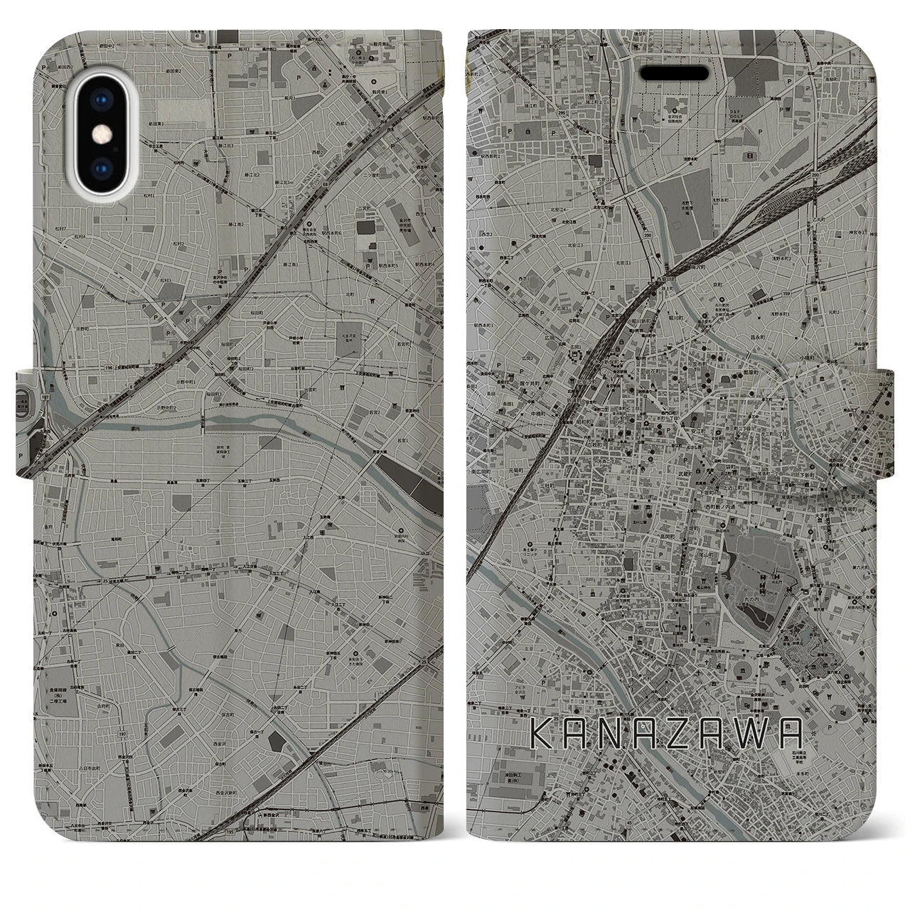 【金沢(石川県)】地図柄iPhoneケース(手帳タイプ)モノトーン・iPhone XS Max 用