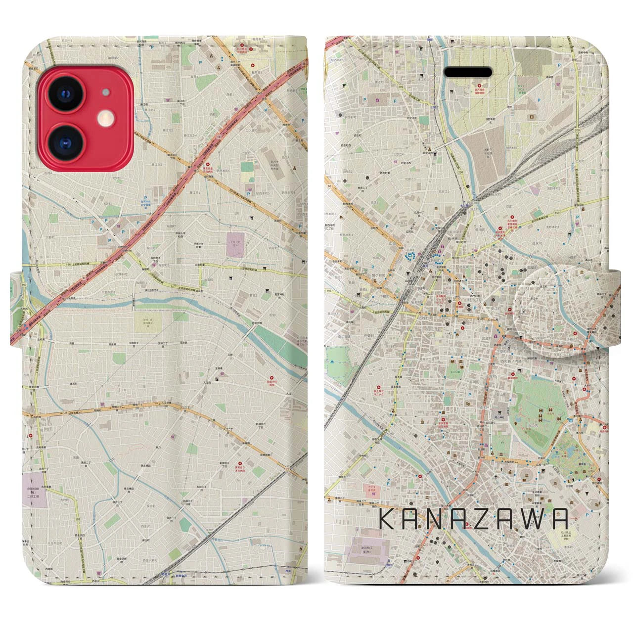 【金沢(石川県)】地図柄iPhoneケース(手帳タイプ)ナチュラル・iPhone 11 用