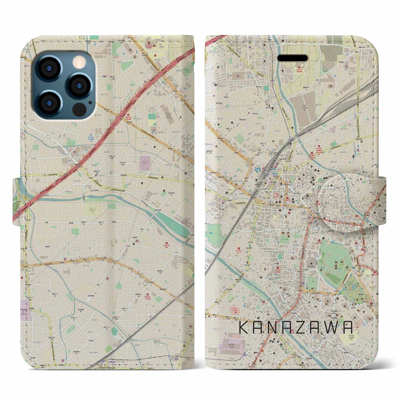 【金沢(石川県)】地図柄iPhoneケース(手帳タイプ)ナチュラル・iPhone 12 / 12 Pro 用