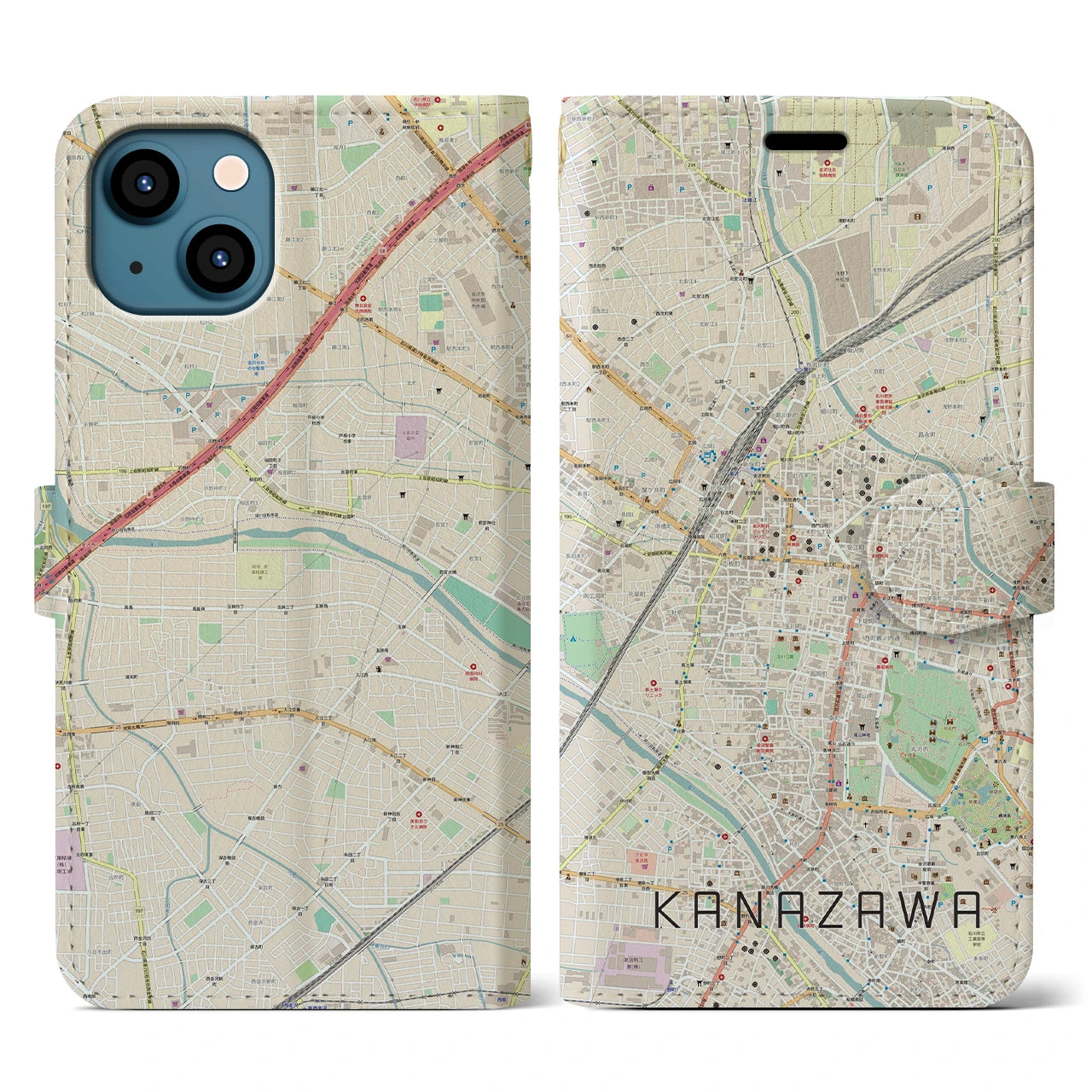 【金沢(石川県)】地図柄iPhoneケース(手帳タイプ)ナチュラル・iPhone 13 用