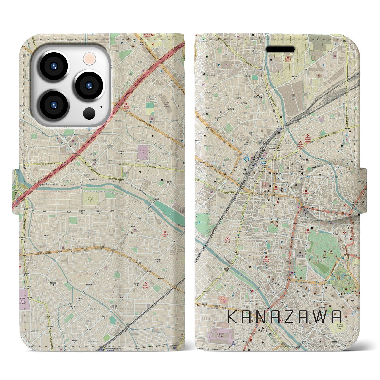 【金沢(石川県)】地図柄iPhoneケース(手帳タイプ)ナチュラル・iPhone 13 Pro 用