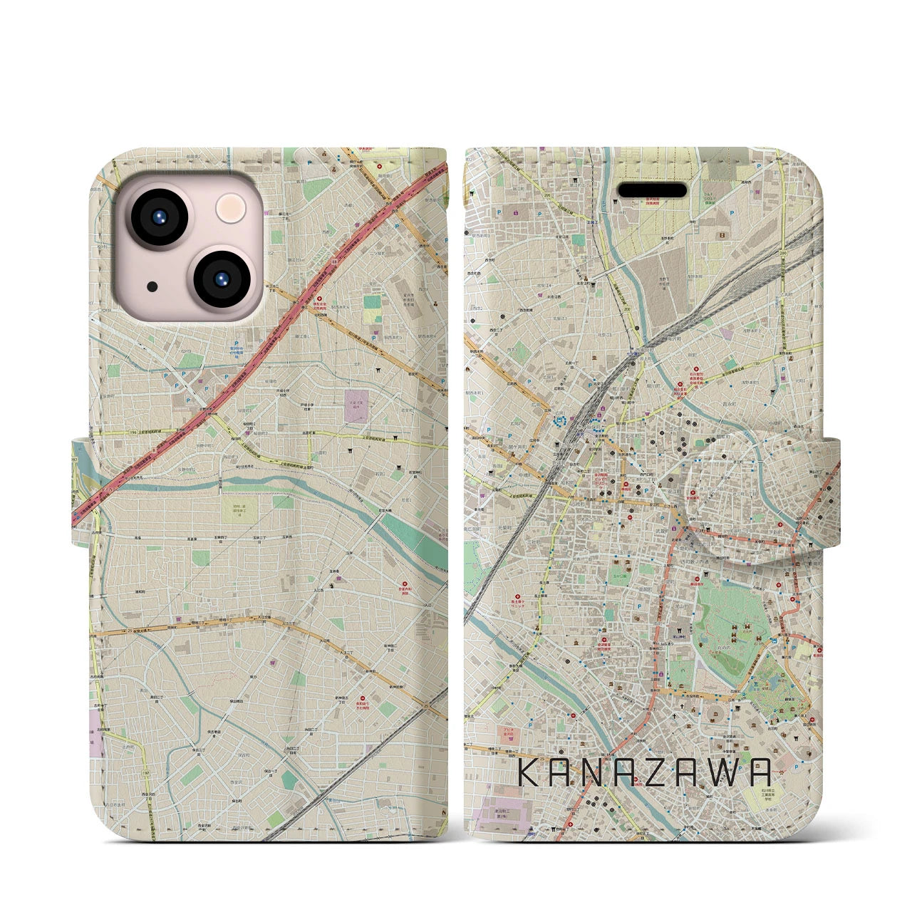 【金沢(石川県)】地図柄iPhoneケース(手帳タイプ)ナチュラル・iPhone 13 mini 用