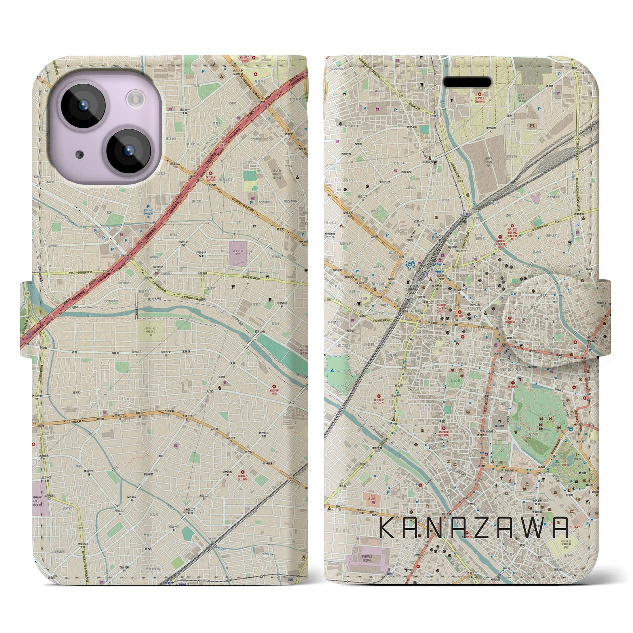 【金沢(石川県)】地図柄iPhoneケース(手帳タイプ)ナチュラル・iPhone 14 用