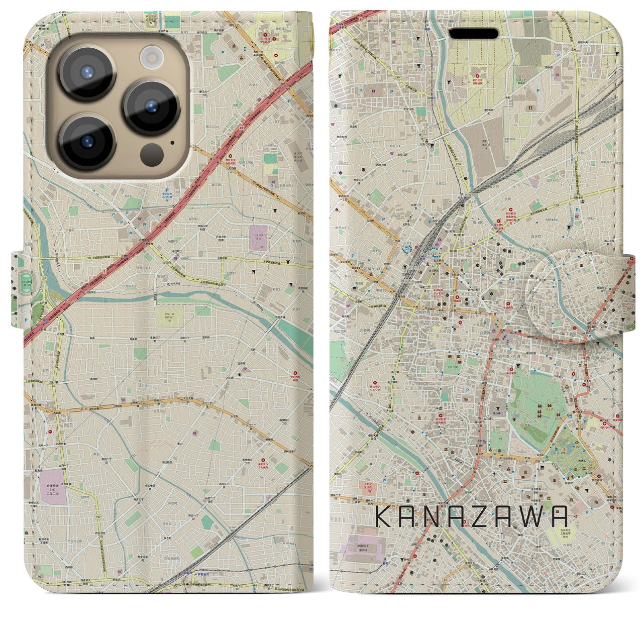【金沢(石川県)】地図柄iPhoneケース(手帳タイプ)ナチュラル・iPhone 14 Pro Max 用