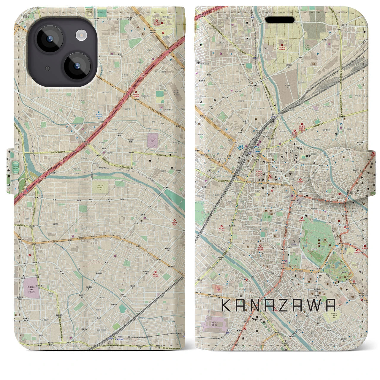 【金沢(石川県)】地図柄iPhoneケース(手帳タイプ)ナチュラル・iPhone 14 Plus 用