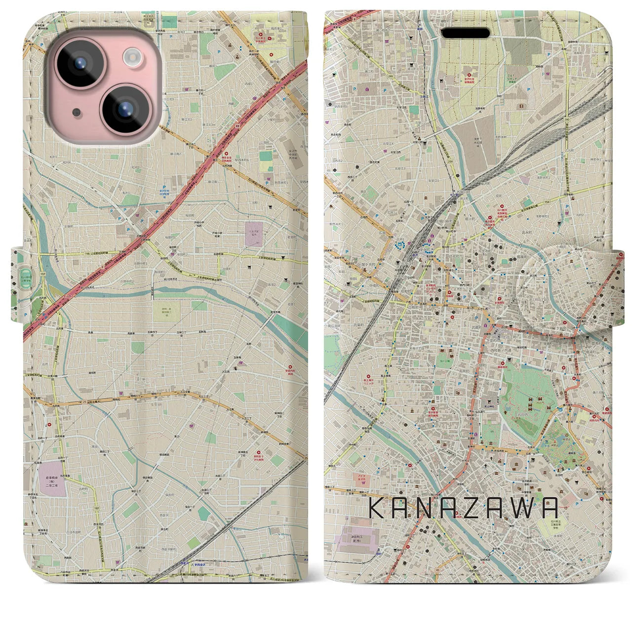 【金沢(石川県)】地図柄iPhoneケース(手帳タイプ)ナチュラル・iPhone 15 Plus 用