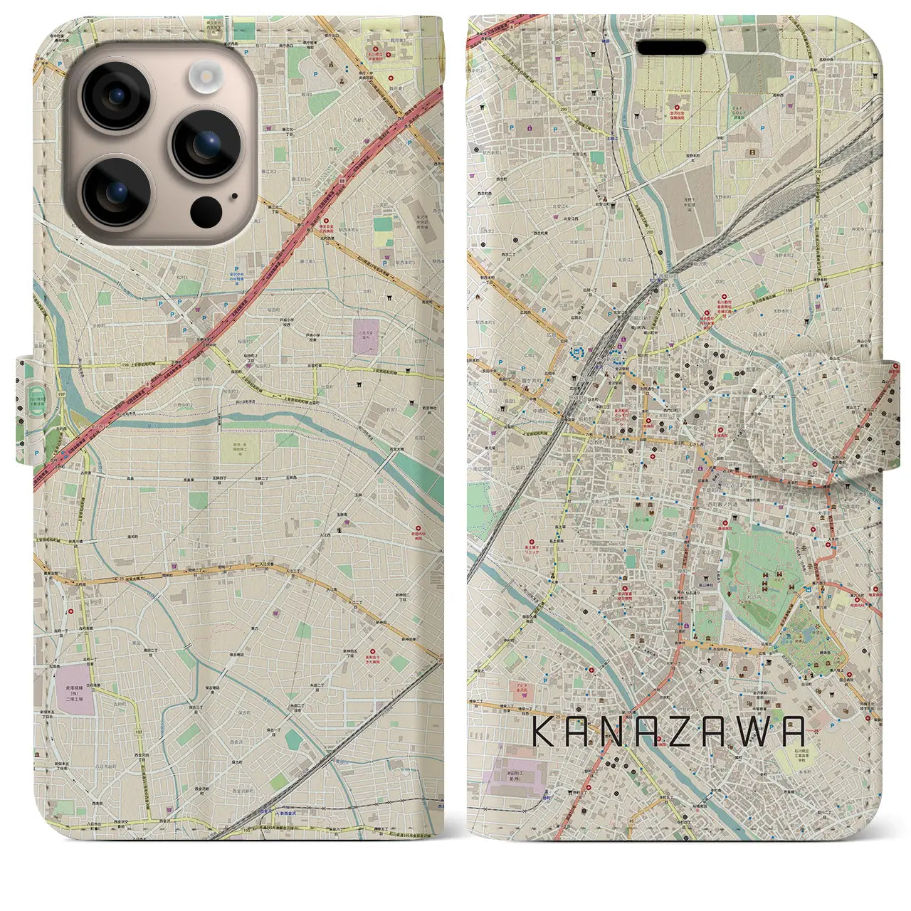 【金沢(石川県)】地図柄iPhoneケース(手帳タイプ)ナチュラル・iPhone 16 Plus 用