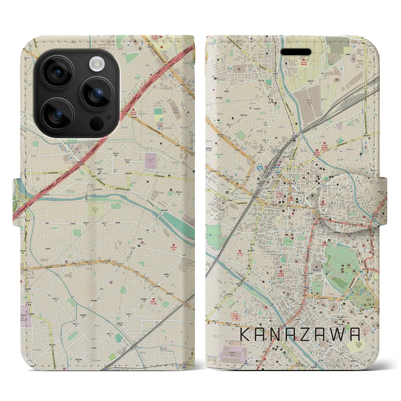 【金沢(石川県)】地図柄iPhoneケース(手帳タイプ)ナチュラル・iPhone 16 用