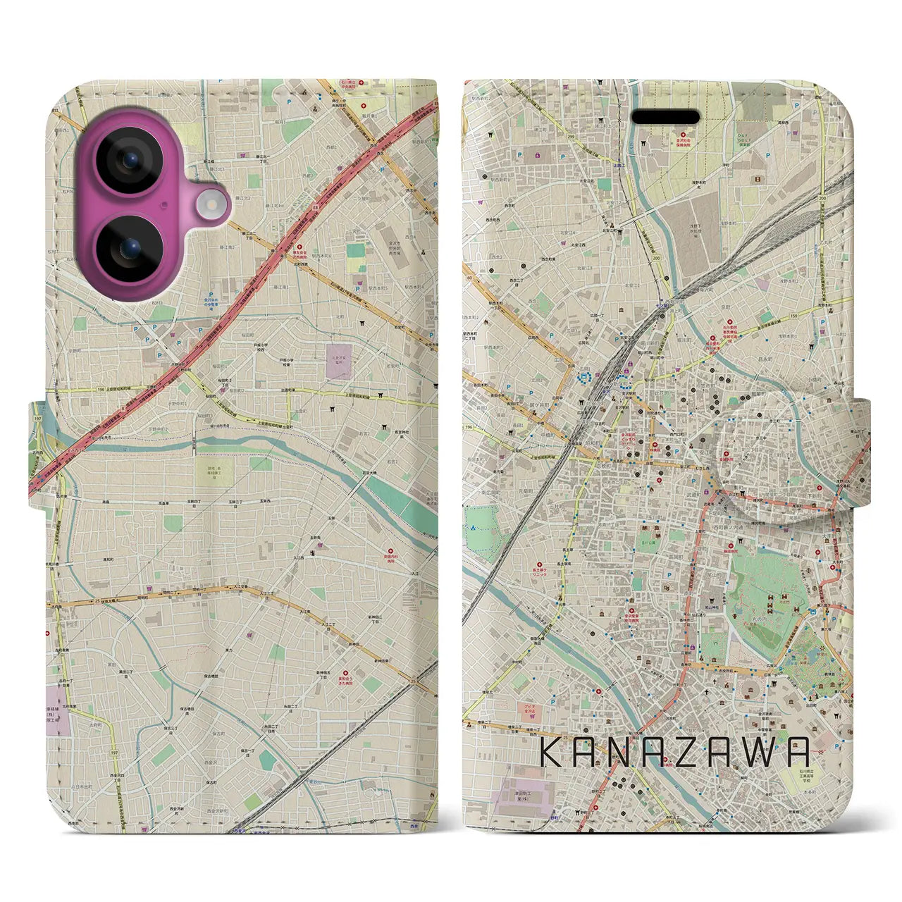 【金沢(石川県)】地図柄iPhoneケース(手帳タイプ)ナチュラル・iPhone 16 Pro 用