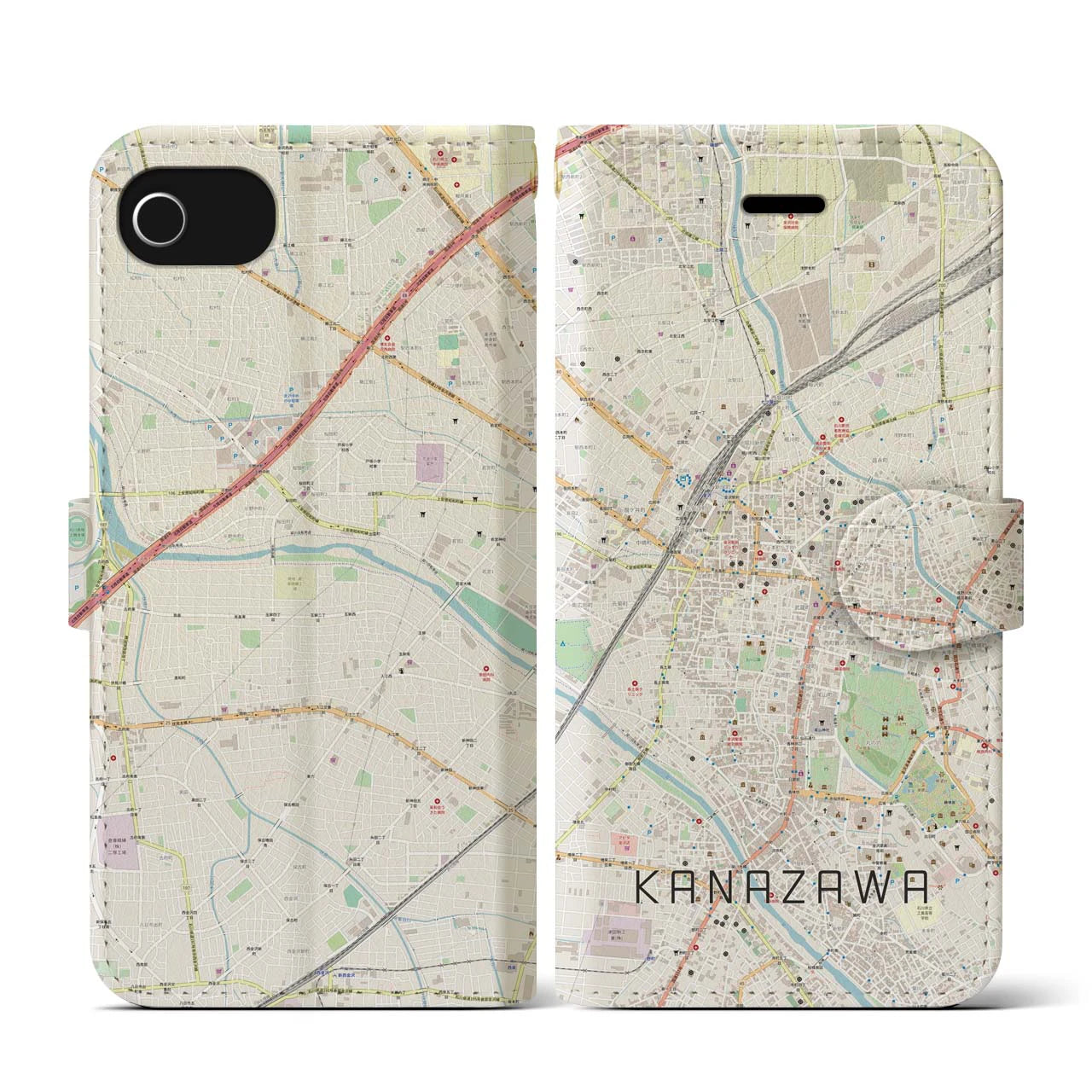 【金沢(石川県)】地図柄iPhoneケース(手帳タイプ)ナチュラル・iPhone SE(第3 / 第2世代) / 8 / 7 / 6s / 6 用