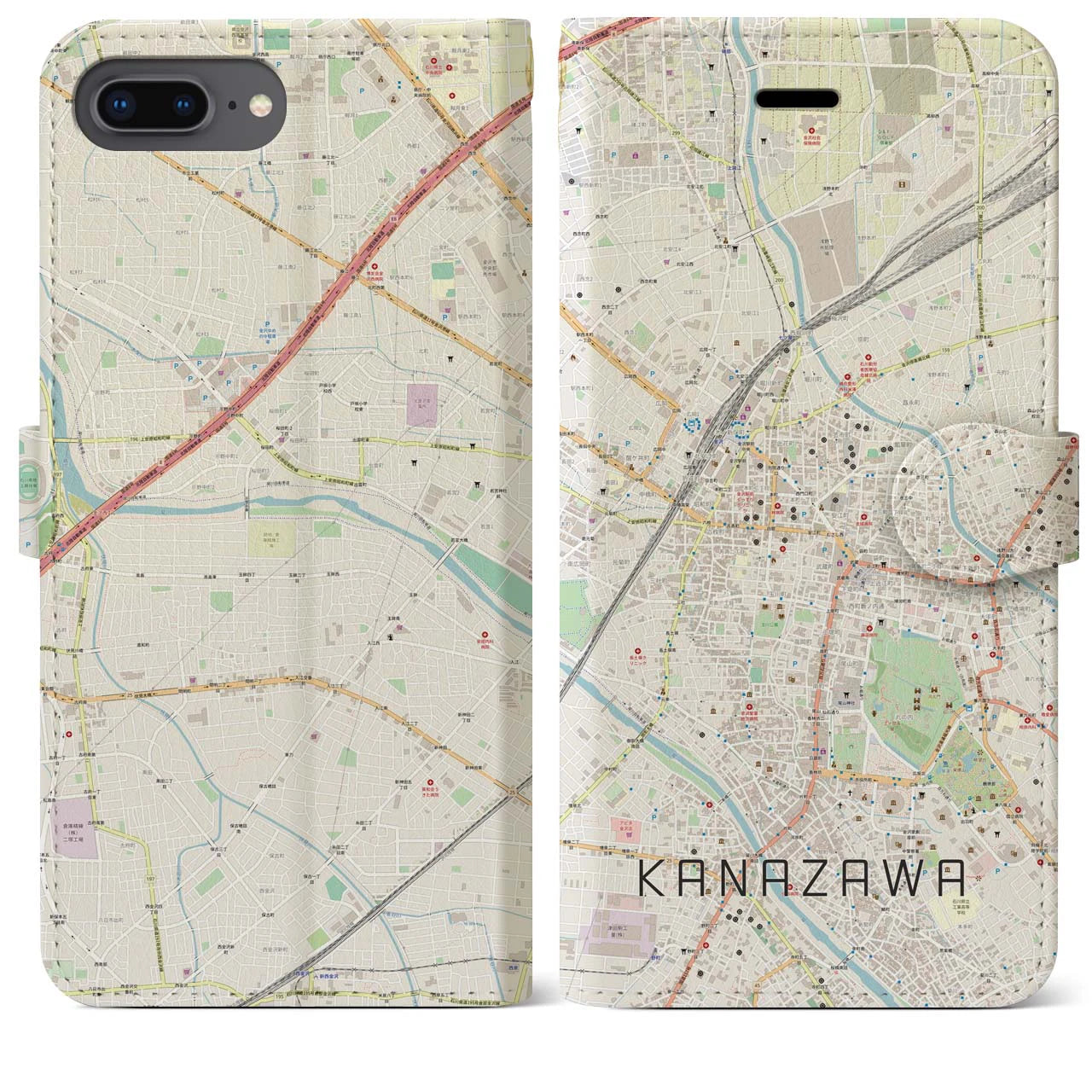 【金沢(石川県)】地図柄iPhoneケース(手帳タイプ)ナチュラル・iPhone 8Plus /7Plus / 6sPlus / 6Plus 用