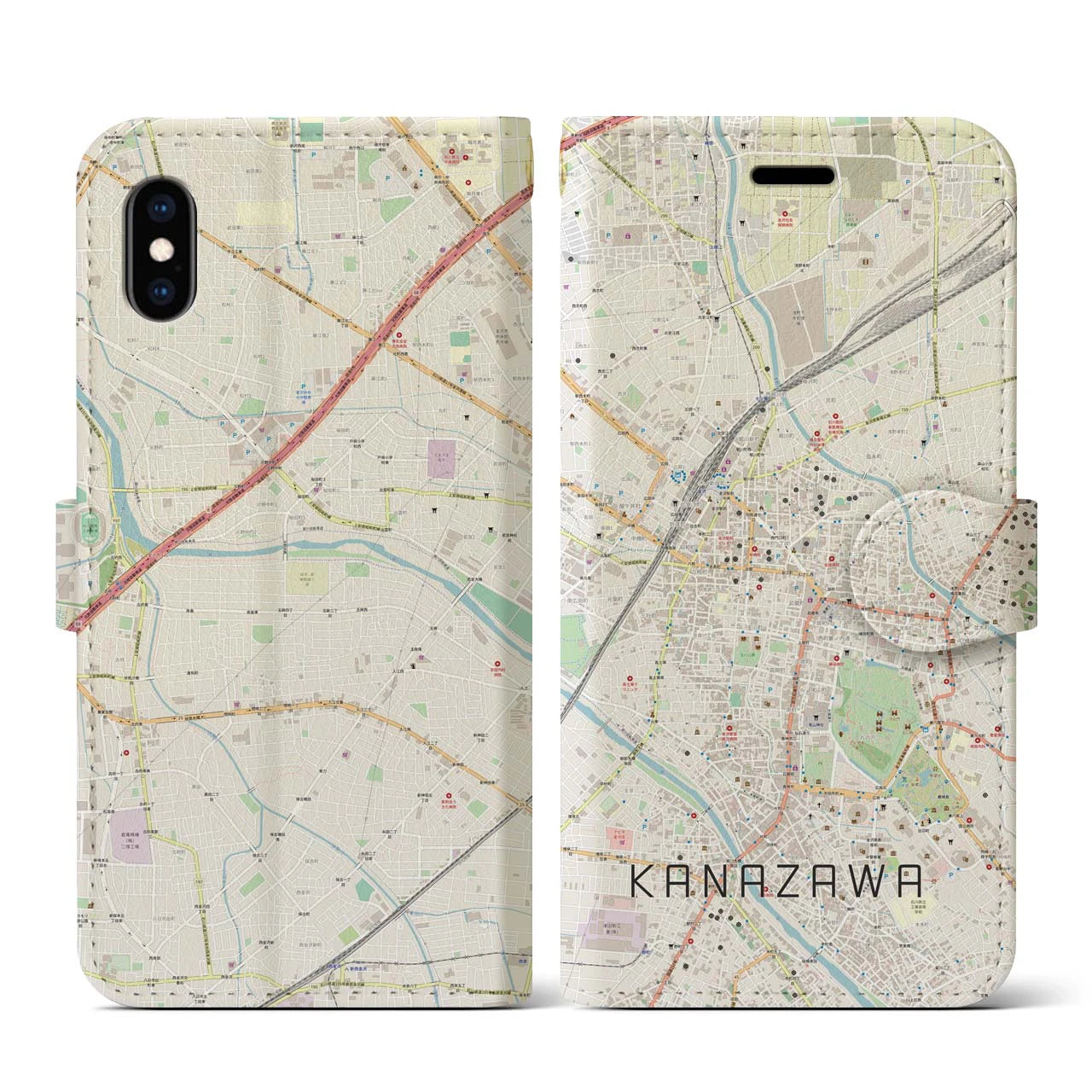 【金沢(石川県)】地図柄iPhoneケース(手帳タイプ)ナチュラル・iPhone XS / X 用