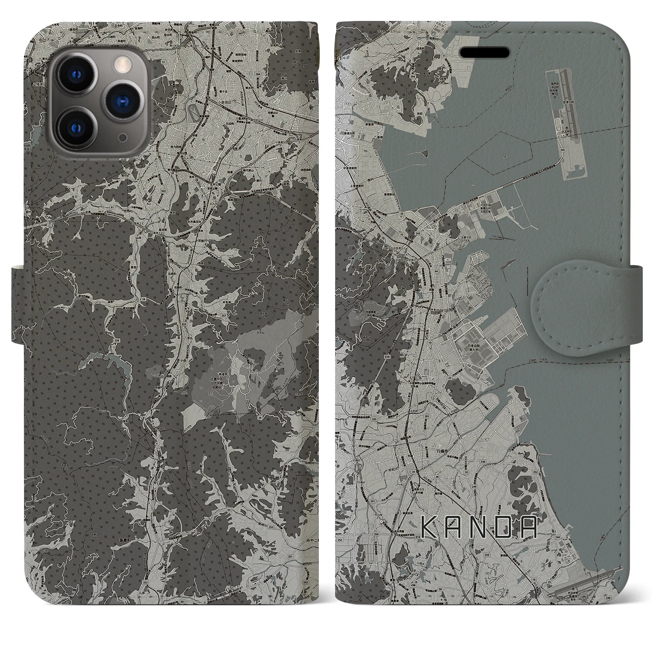 【苅田(福岡県)】地図柄iPhoneケース(手帳タイプ)モノトーン・iPhone 11 Pro Max 用
