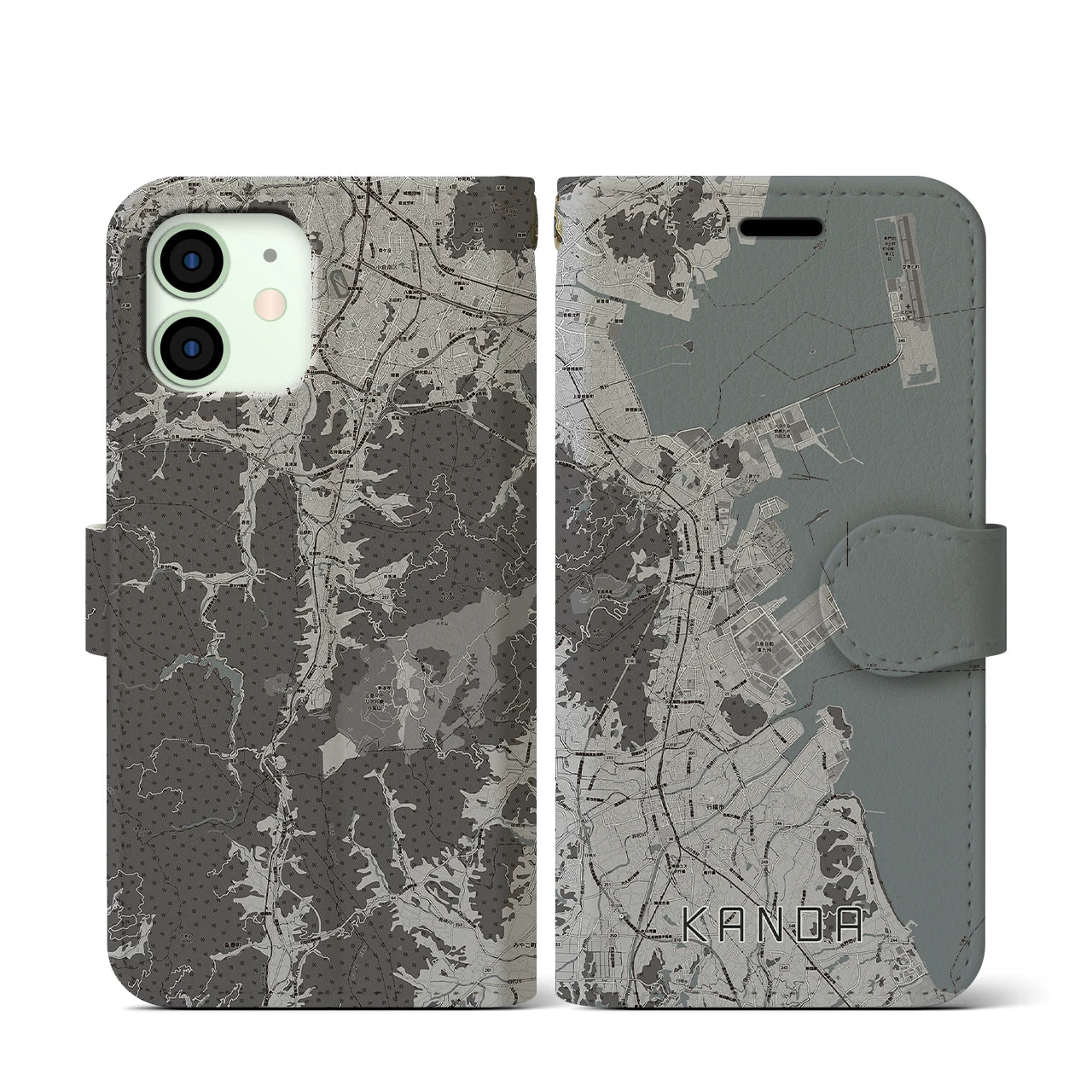 【苅田(福岡県)】地図柄iPhoneケース(手帳タイプ)モノトーン・iPhone 12 mini 用