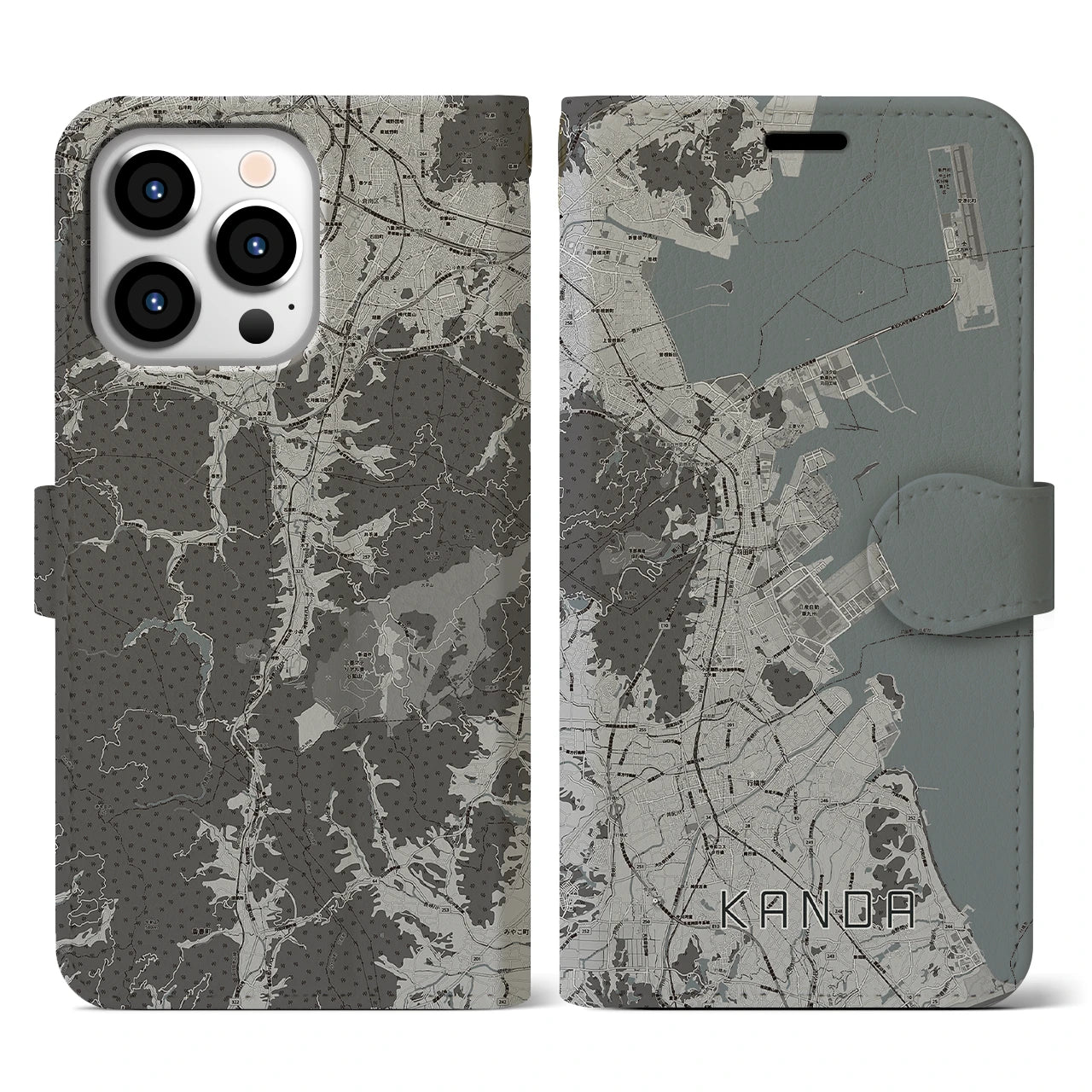 【苅田(福岡県)】地図柄iPhoneケース(手帳タイプ)モノトーン・iPhone 13 Pro 用