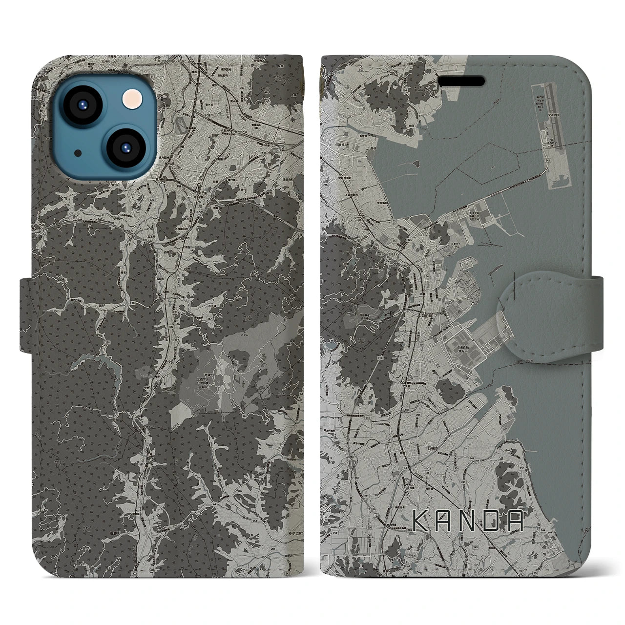 【苅田(福岡県)】地図柄iPhoneケース(手帳タイプ)モノトーン・iPhone 13 用
