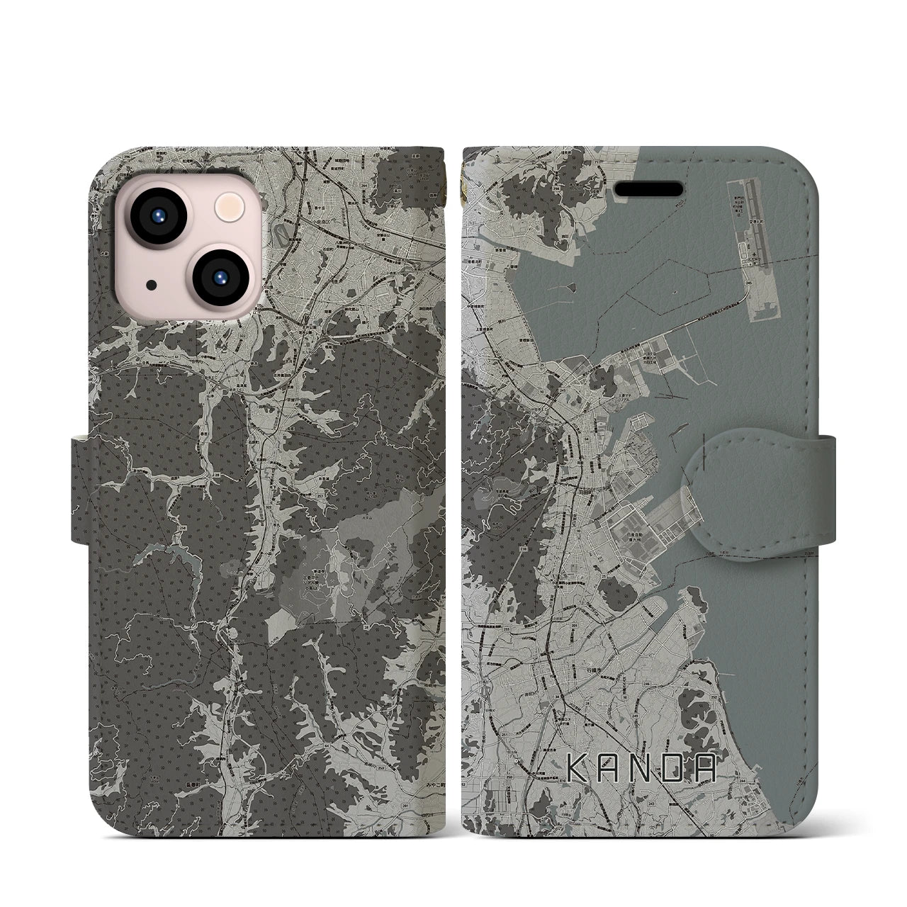 【苅田(福岡県)】地図柄iPhoneケース(手帳タイプ)モノトーン・iPhone 13 mini 用