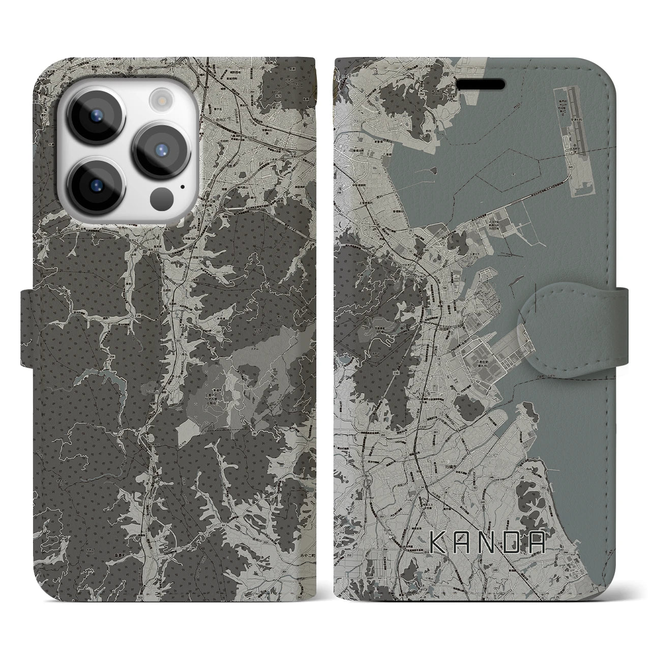 【苅田(福岡県)】地図柄iPhoneケース(手帳タイプ)モノトーン・iPhone 14 Pro 用