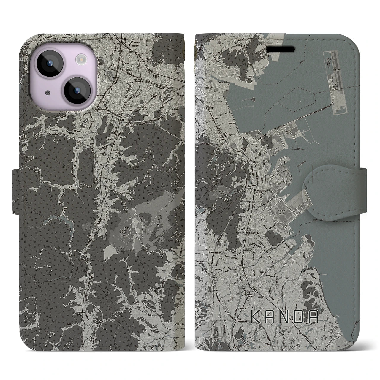 【苅田(福岡県)】地図柄iPhoneケース(手帳タイプ)モノトーン・iPhone 14 用
