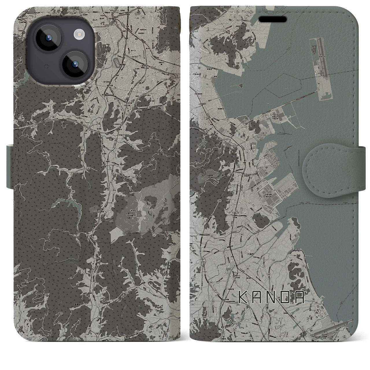 【苅田(福岡県)】地図柄iPhoneケース(手帳タイプ)モノトーン・iPhone 14 Plus 用