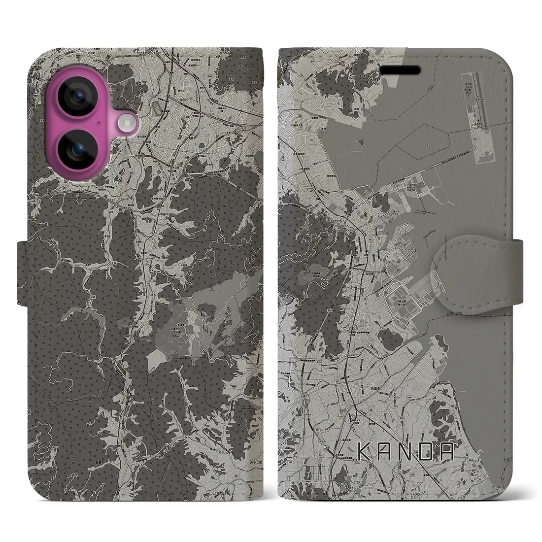 【苅田(福岡県)】地図柄iPhoneケース(手帳タイプ)モノトーン・iPhone 16 Pro 用