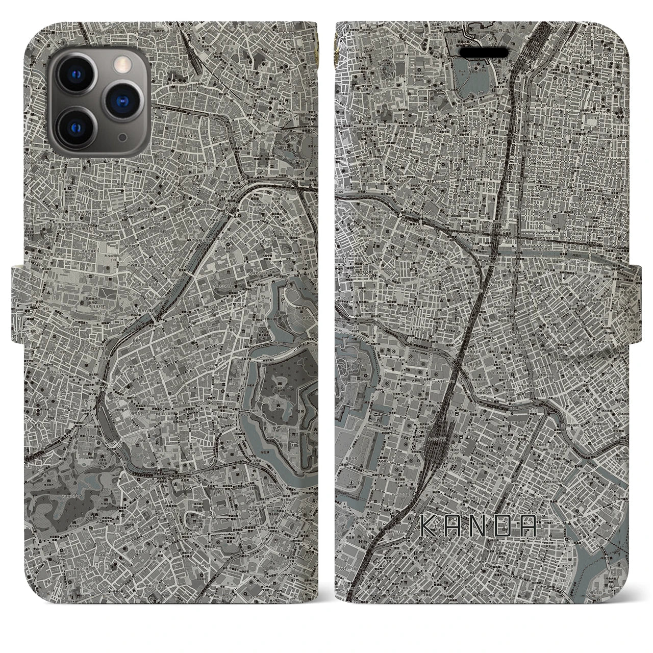 【神田(東京都)】地図柄iPhoneケース(手帳タイプ)モノトーン・iPhone 11 Pro Max 用