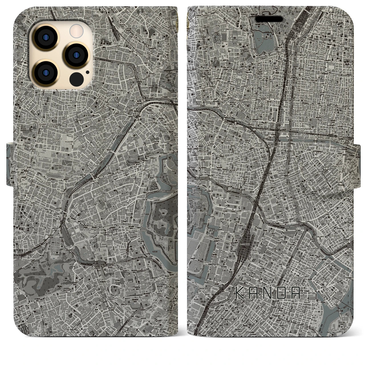【神田(東京都)】地図柄iPhoneケース(手帳タイプ)モノトーン・iPhone 12 Pro Max 用
