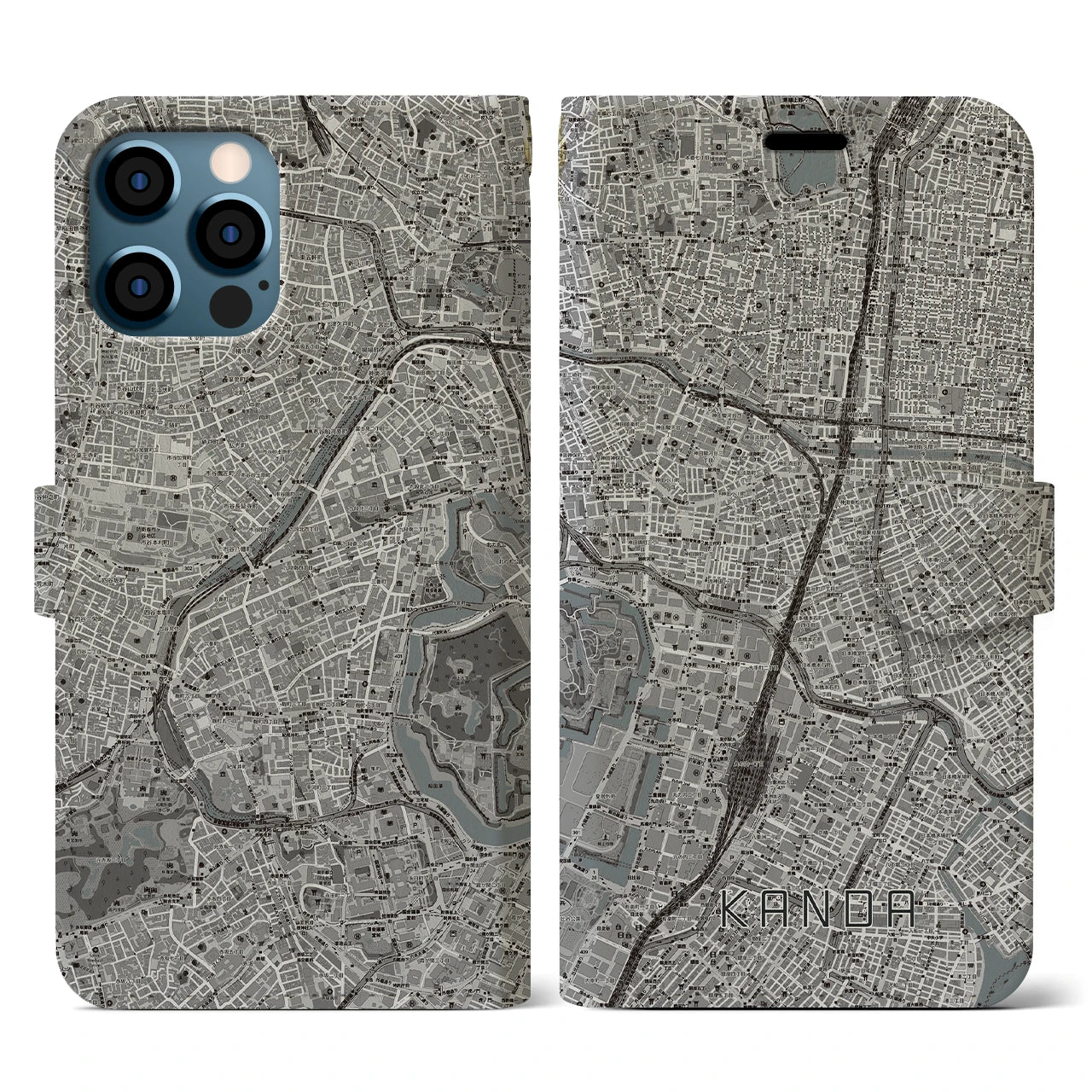 【神田(東京都)】地図柄iPhoneケース(手帳タイプ)モノトーン・iPhone 12 / 12 Pro 用