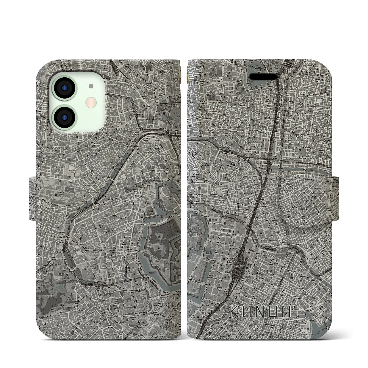 【神田(東京都)】地図柄iPhoneケース(手帳タイプ)モノトーン・iPhone 12 mini 用