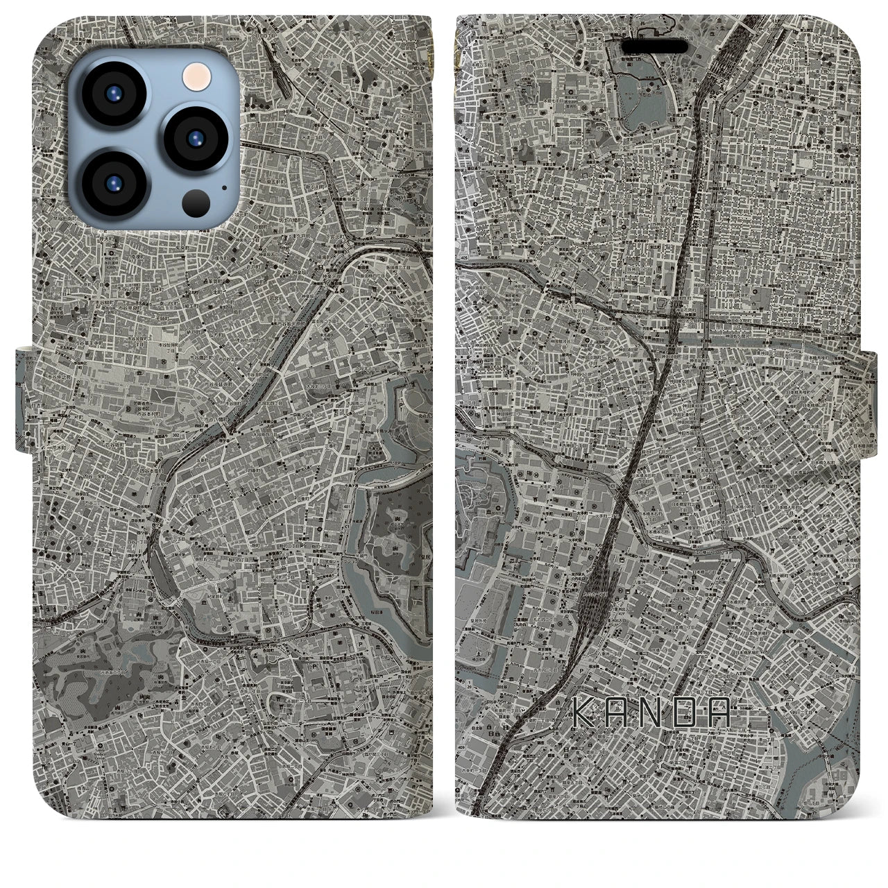 【神田(東京都)】地図柄iPhoneケース(手帳タイプ)モノトーン・iPhone 13 Pro Max 用