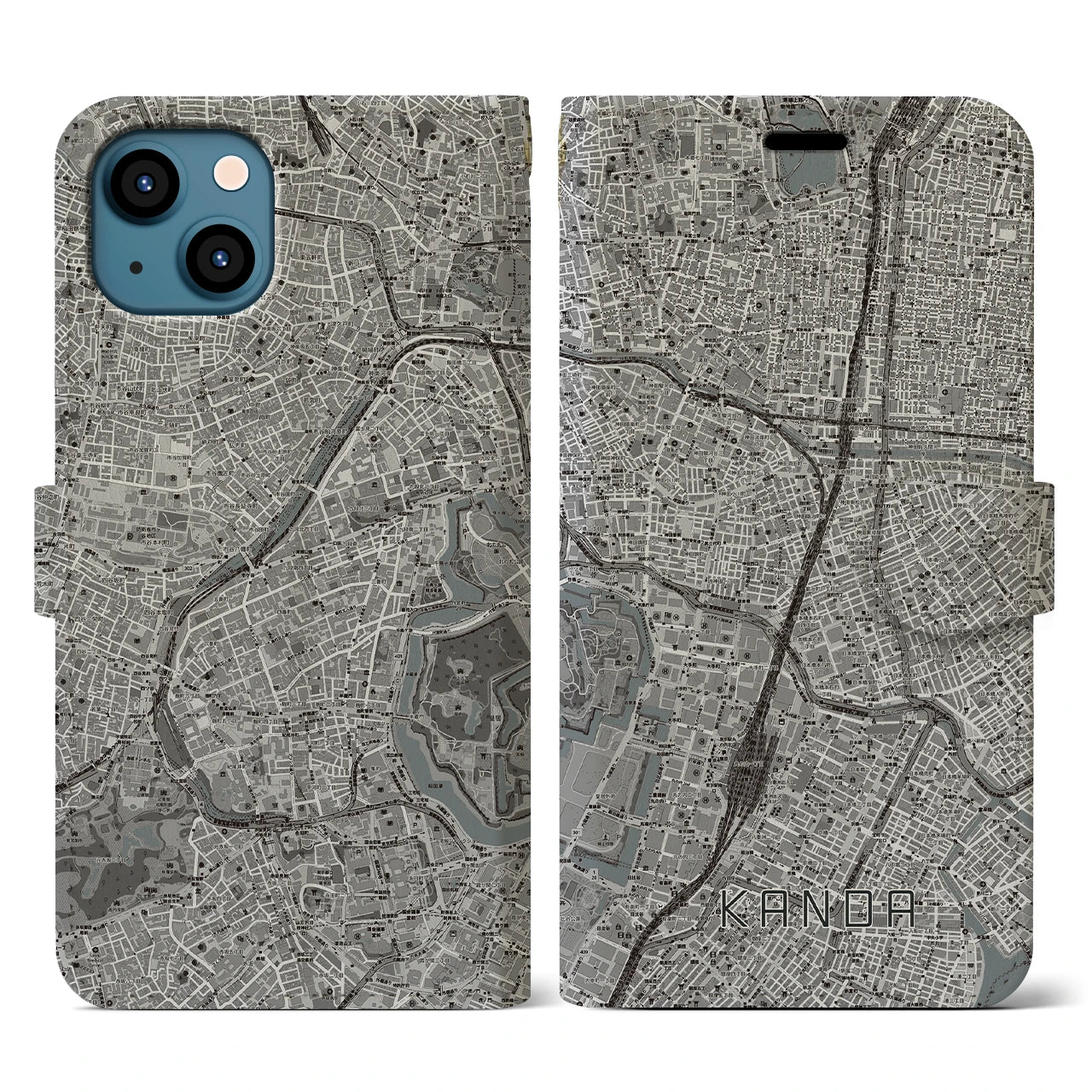 【神田(東京都)】地図柄iPhoneケース(手帳タイプ)モノトーン・iPhone 13 用