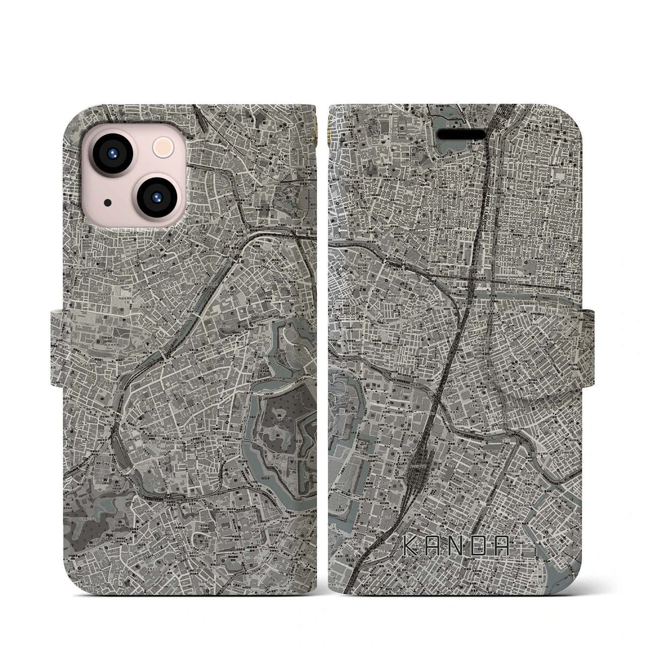 【神田(東京都)】地図柄iPhoneケース(手帳タイプ)モノトーン・iPhone 13 mini 用