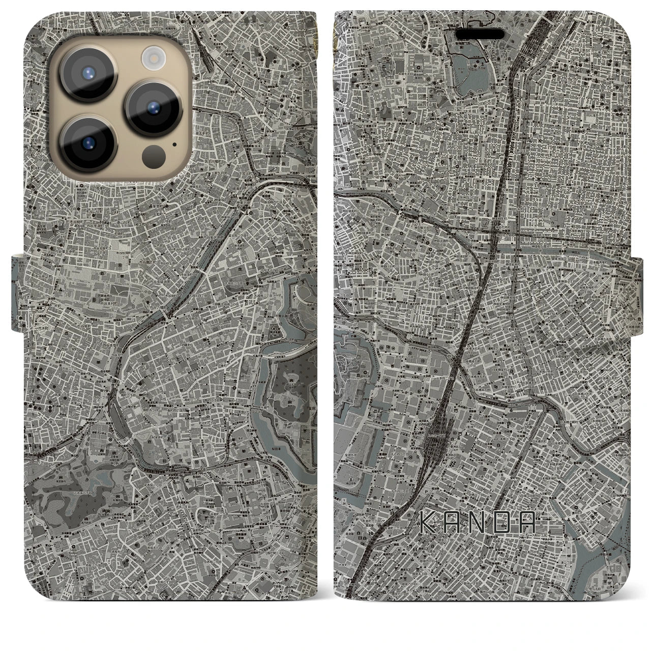 【神田(東京都)】地図柄iPhoneケース(手帳タイプ)モノトーン・iPhone 14 Pro Max 用