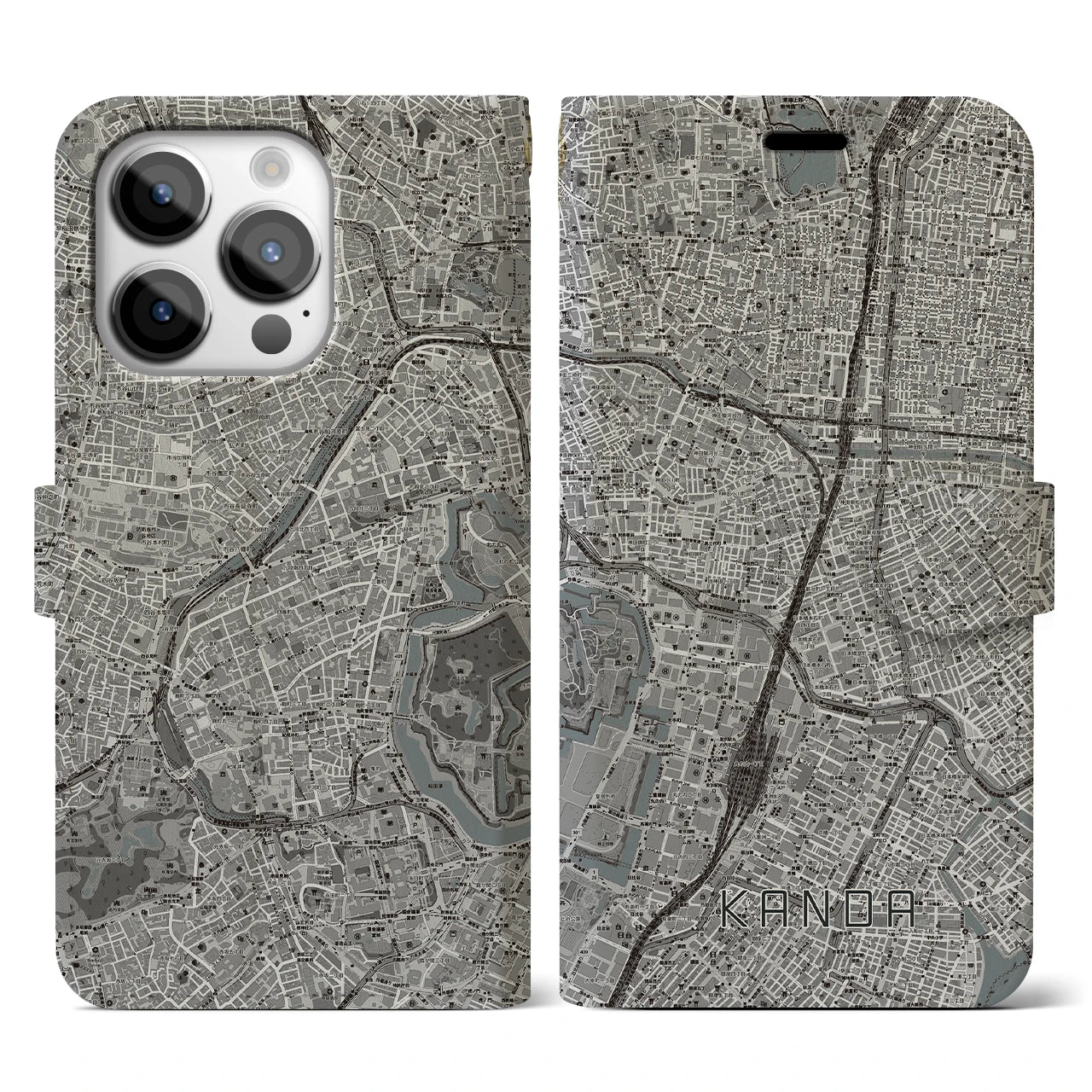 【神田(東京都)】地図柄iPhoneケース(手帳タイプ)モノトーン・iPhone 14 Pro 用