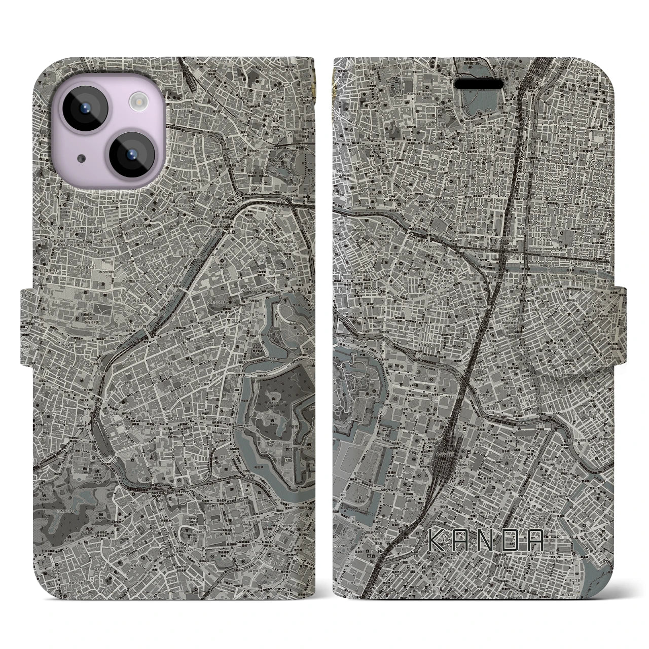 【神田(東京都)】地図柄iPhoneケース(手帳タイプ)モノトーン・iPhone 14 用