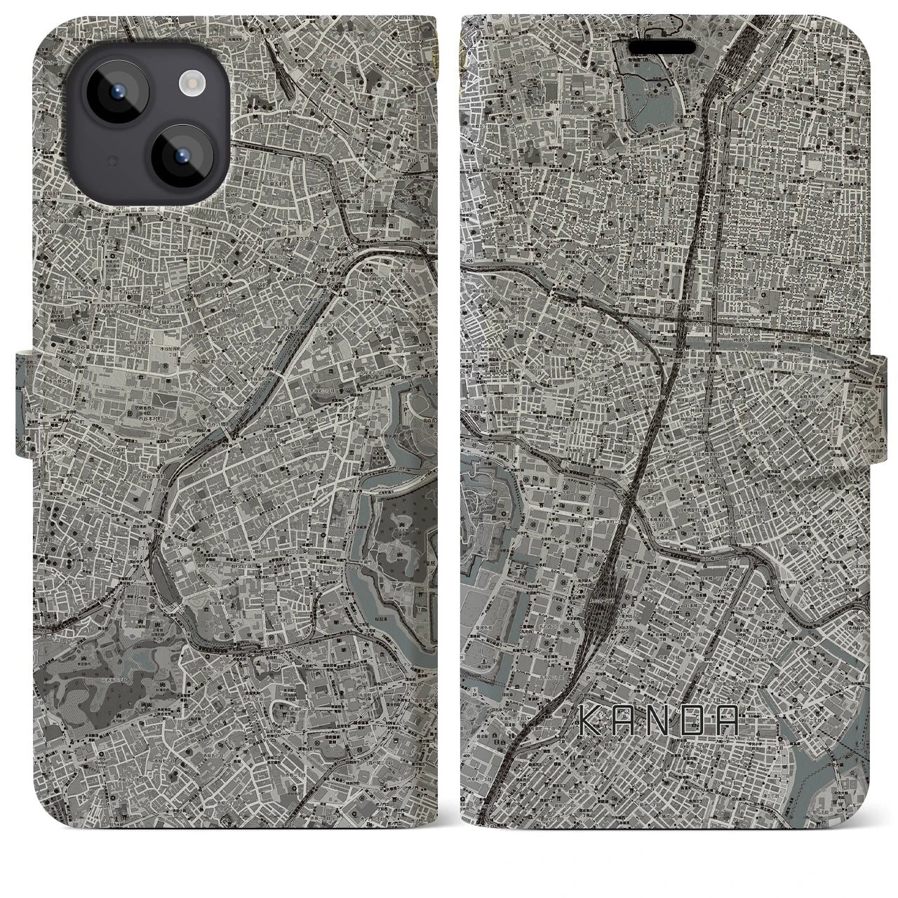 【神田(東京都)】地図柄iPhoneケース(手帳タイプ)モノトーン・iPhone 14 Plus 用
