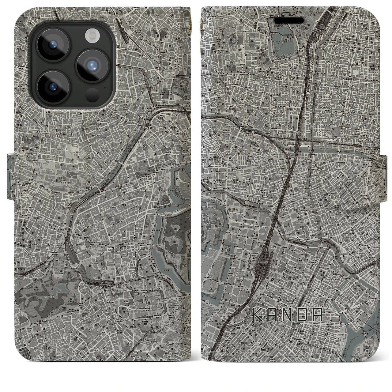 【神田(東京都)】地図柄iPhoneケース(手帳タイプ)モノトーン・iPhone 15 Pro Max 用