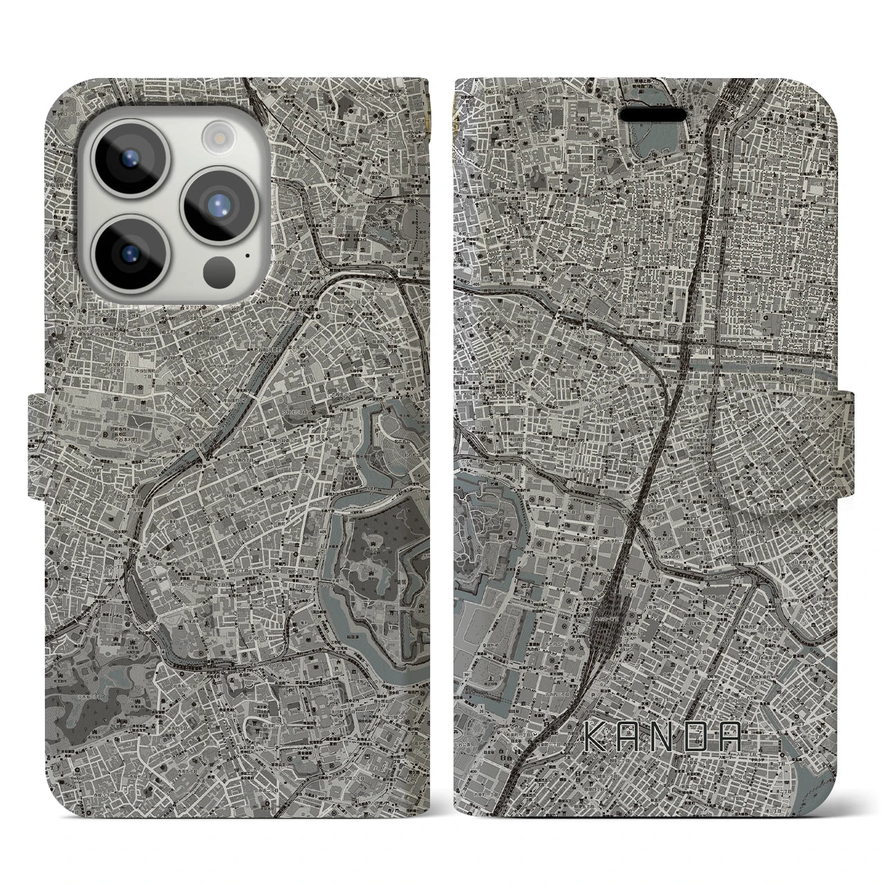 【神田(東京都)】地図柄iPhoneケース(手帳タイプ)モノトーン・iPhone 15 Pro 用