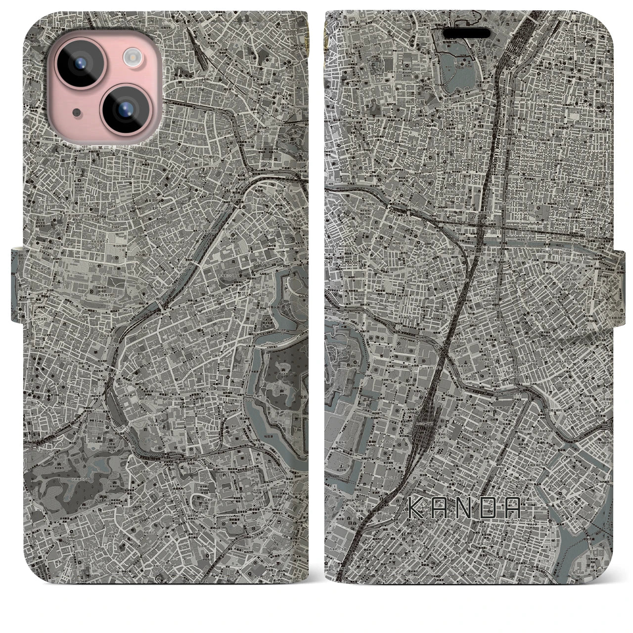 【神田(東京都)】地図柄iPhoneケース(手帳タイプ)モノトーン・iPhone 15 Plus 用