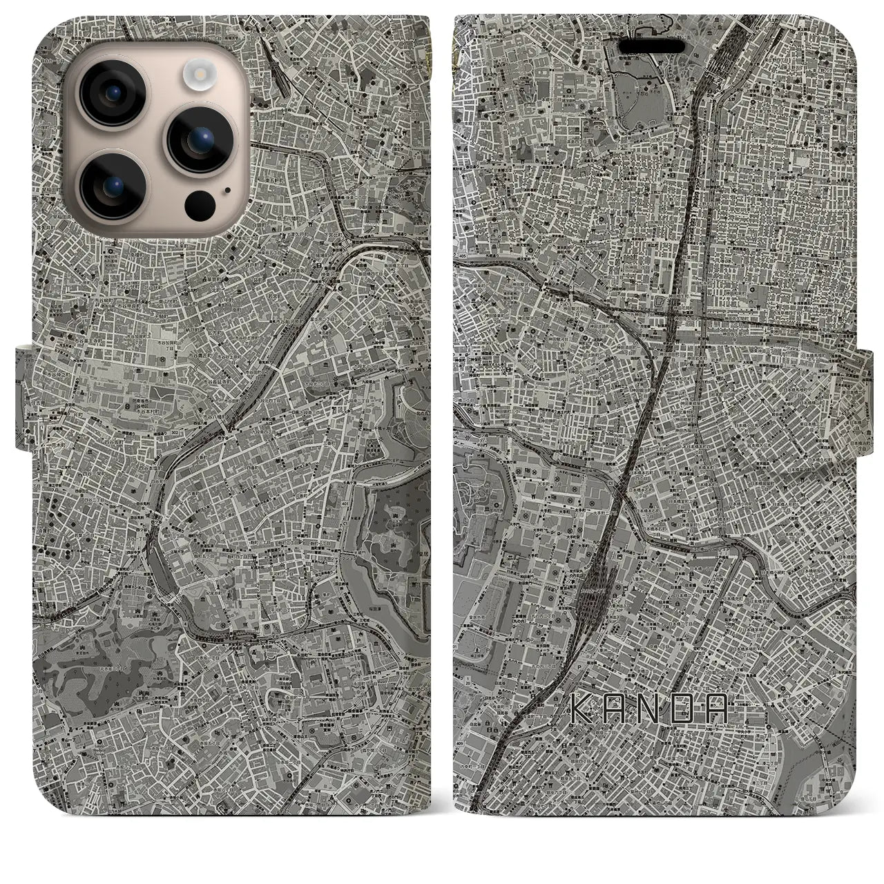 【神田(東京都)】地図柄iPhoneケース(手帳タイプ)モノトーン・iPhone 16 Plus 用