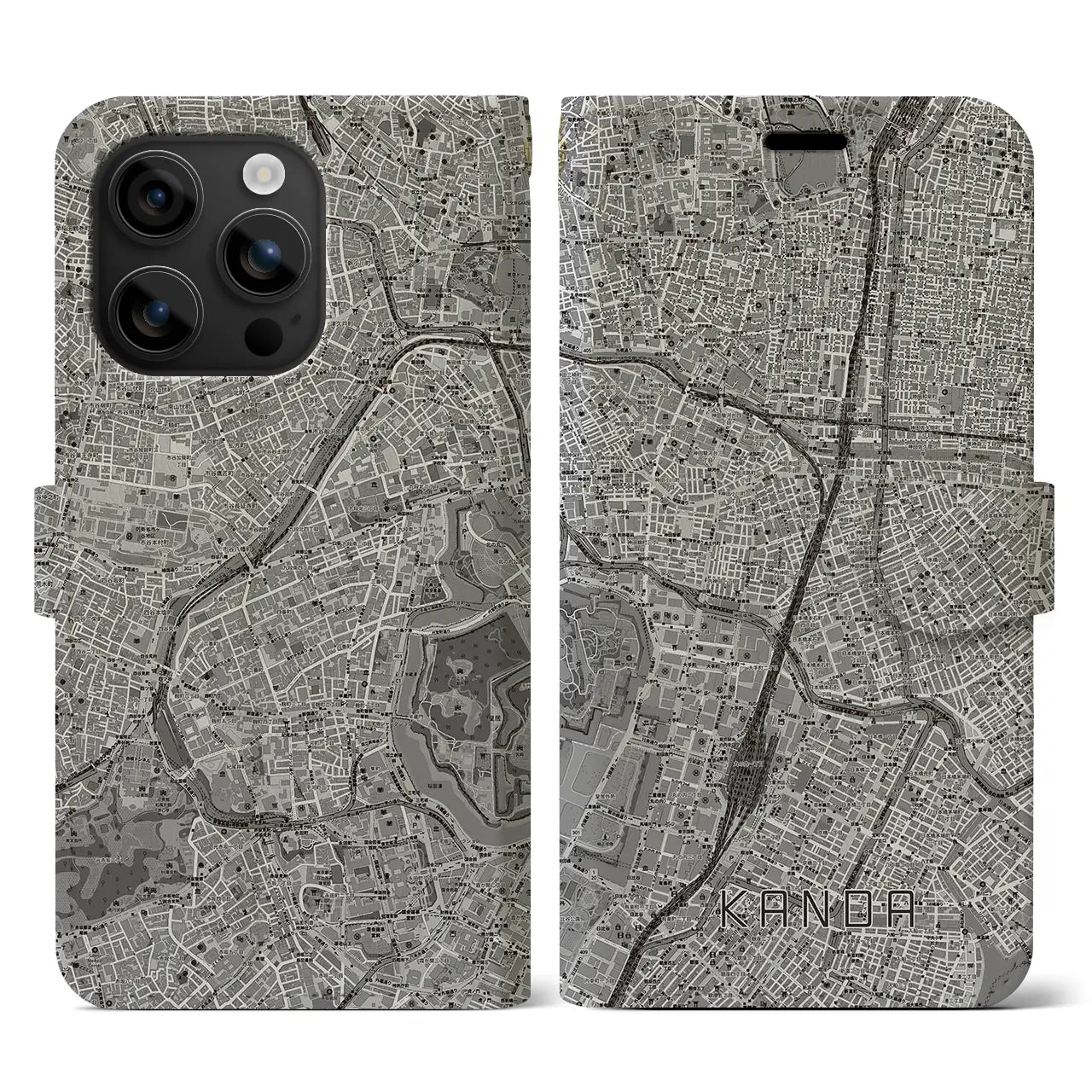 【神田(東京都)】地図柄iPhoneケース(手帳タイプ)モノトーン・iPhone 16 用