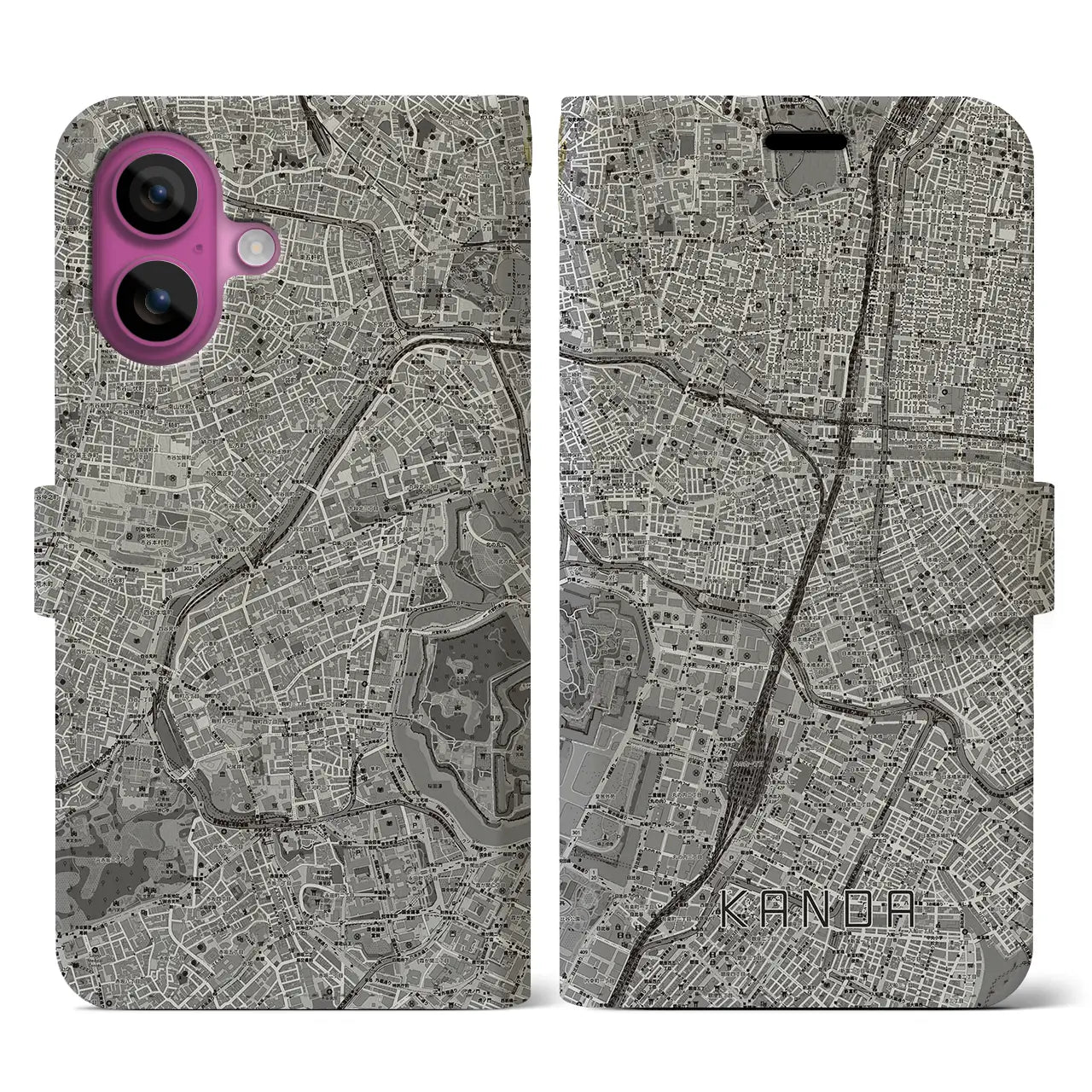 【神田(東京都)】地図柄iPhoneケース(手帳タイプ)モノトーン・iPhone 16 Pro 用