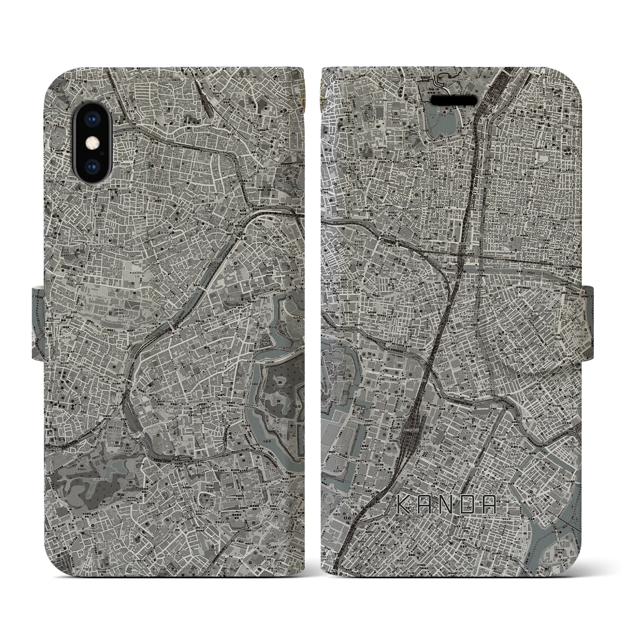 【神田(東京都)】地図柄iPhoneケース(手帳タイプ)モノトーン・iPhone XS / X 用