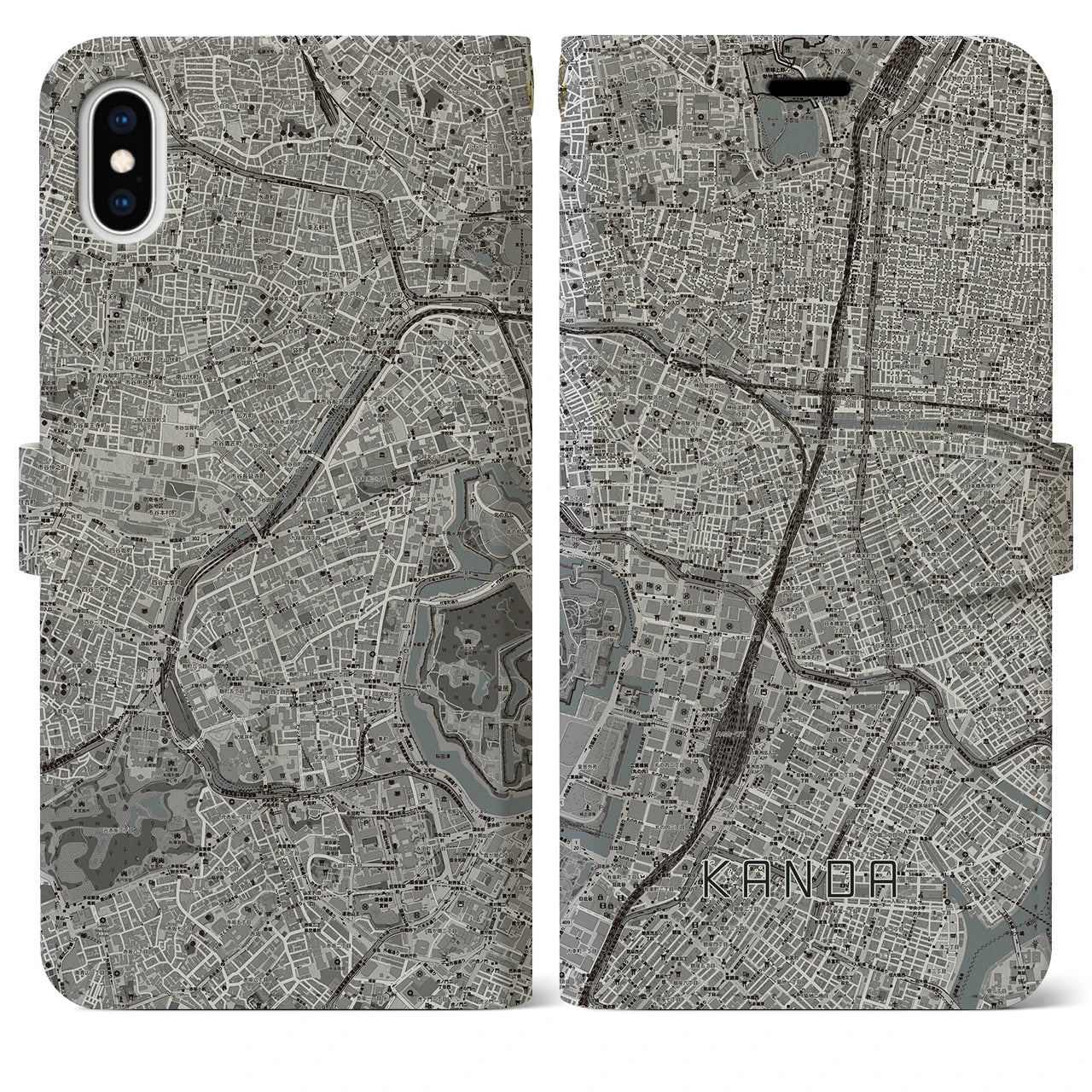【神田(東京都)】地図柄iPhoneケース(手帳タイプ)モノトーン・iPhone XS Max 用