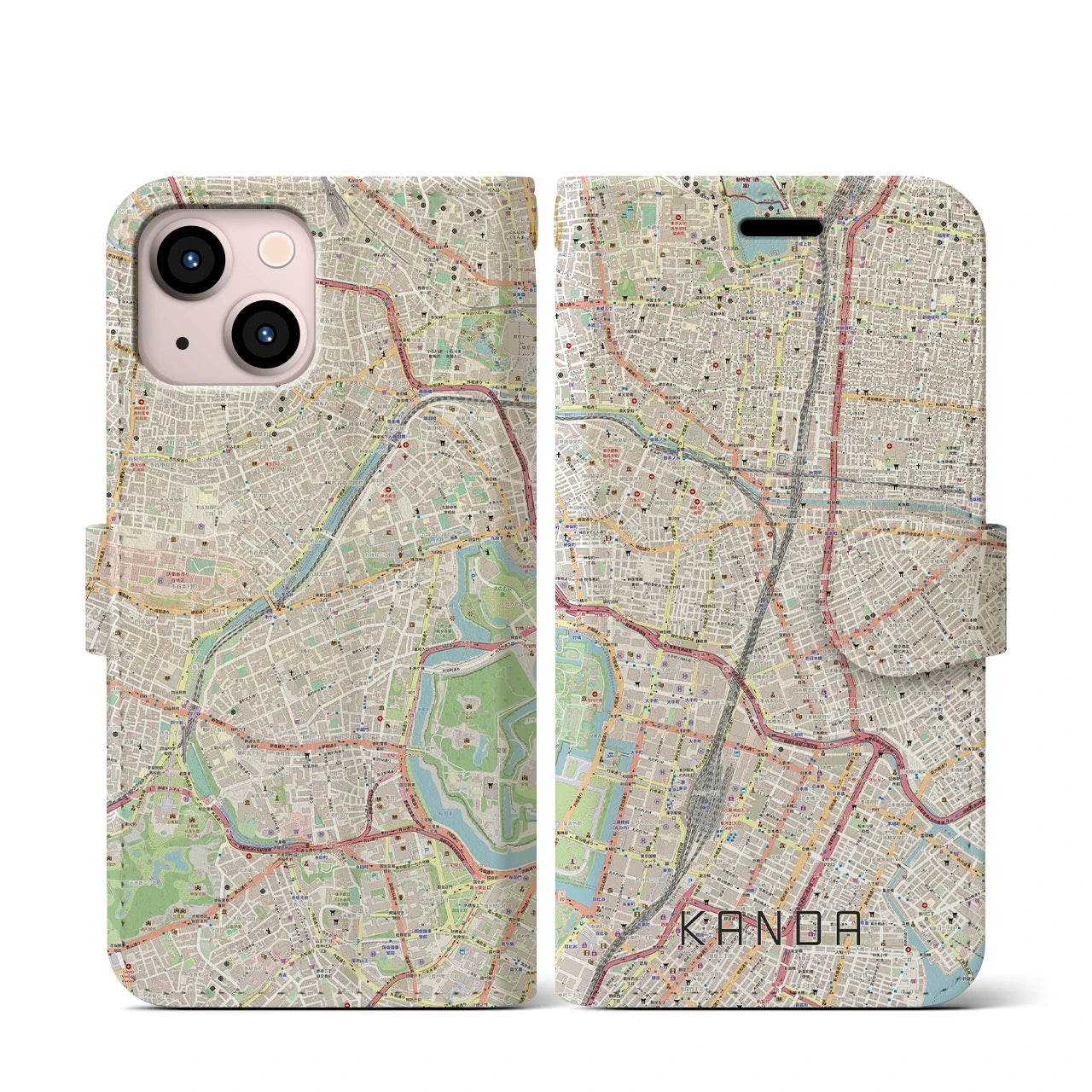 【神田(東京都)】地図柄iPhoneケース(手帳タイプ)ナチュラル・iPhone 13 mini 用