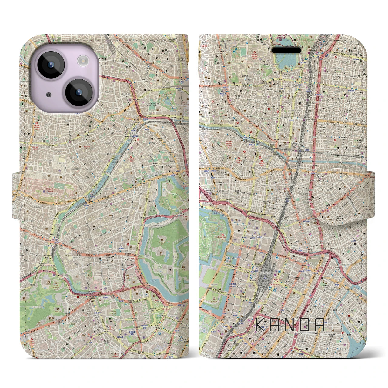 【神田(東京都)】地図柄iPhoneケース(手帳タイプ)ナチュラル・iPhone 14 用