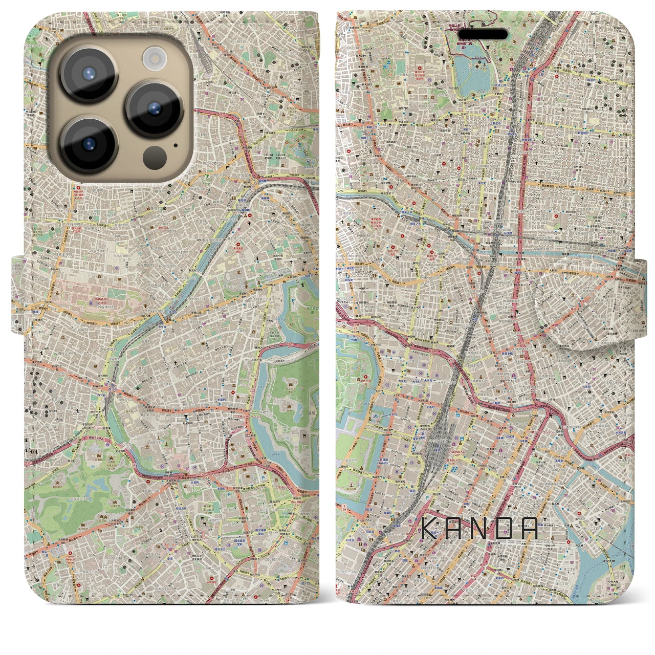 【神田(東京都)】地図柄iPhoneケース(手帳タイプ)ナチュラル・iPhone 14 Pro Max 用