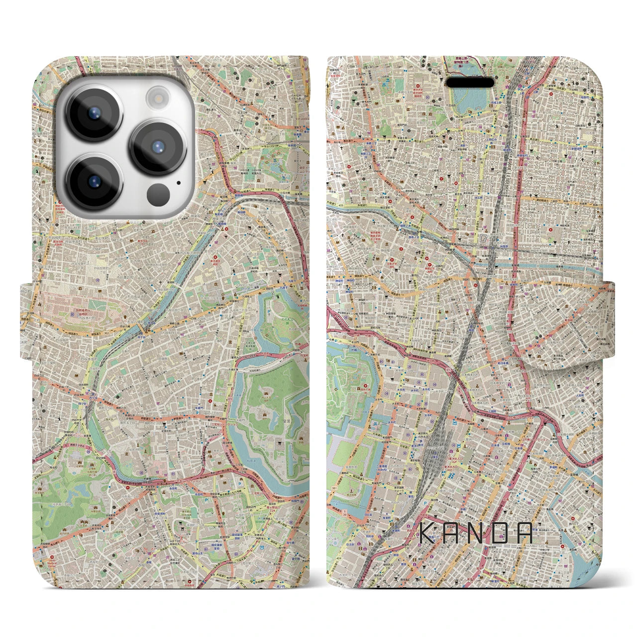 【神田(東京都)】地図柄iPhoneケース(手帳タイプ)ナチュラル・iPhone 14 Pro 用