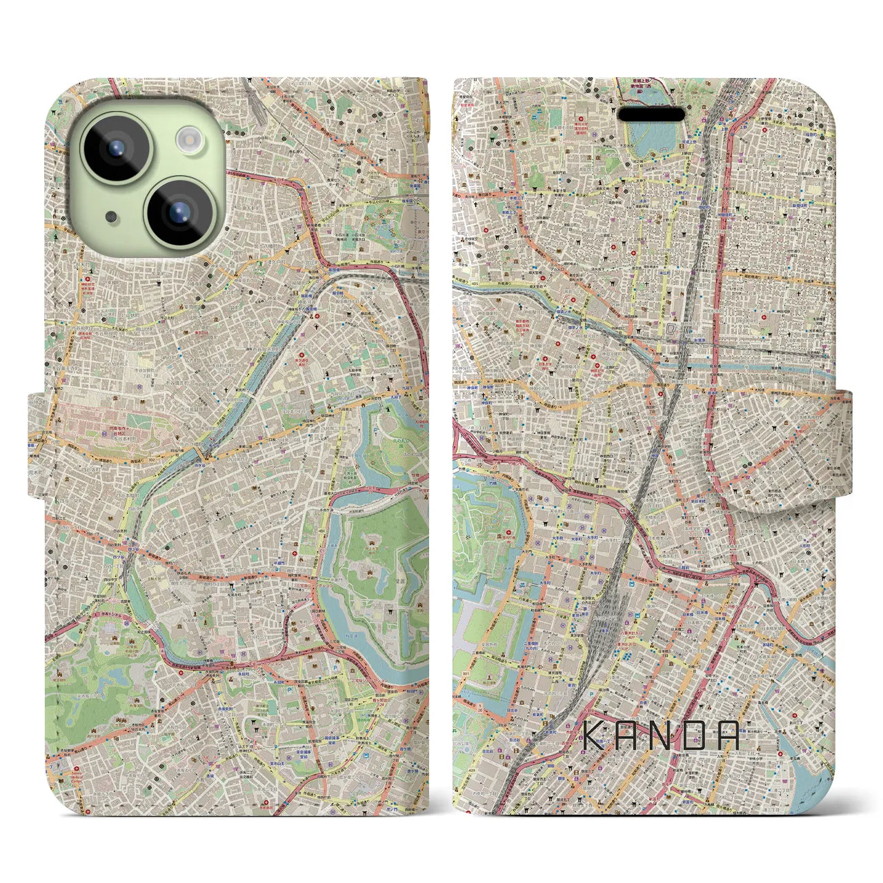 【神田(東京都)】地図柄iPhoneケース(手帳タイプ)ナチュラル・iPhone 15 用