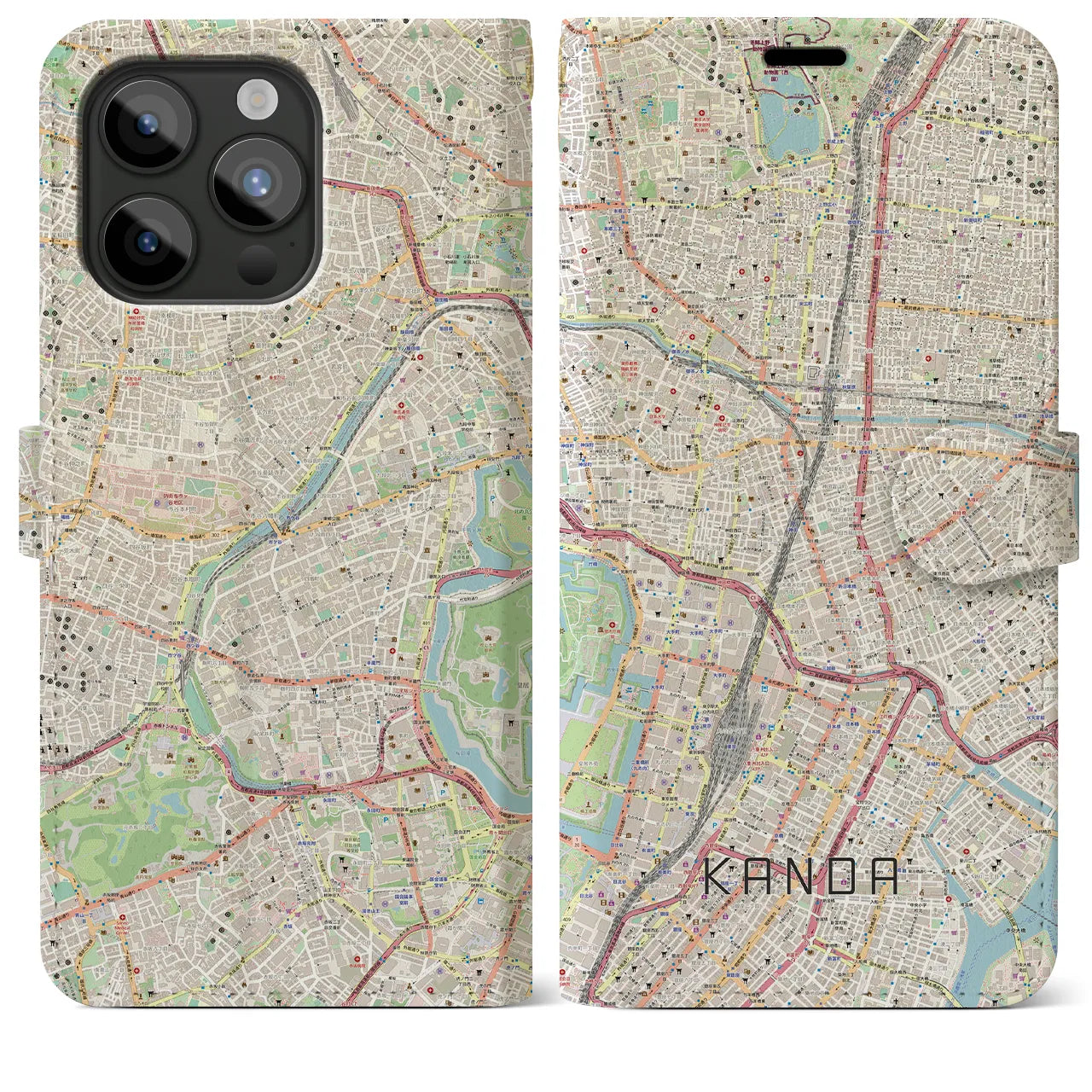 【神田(東京都)】地図柄iPhoneケース(手帳タイプ)ナチュラル・iPhone 15 Pro Max 用